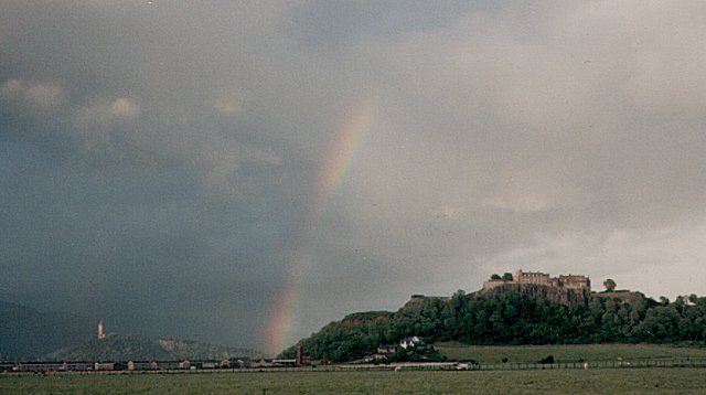 Rainbow between Wallace Monument & Stirling Castle from M9, August 1985