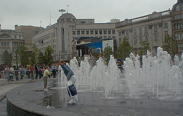 Manchester: Fountains in Piccadilly Gardens, July 2002