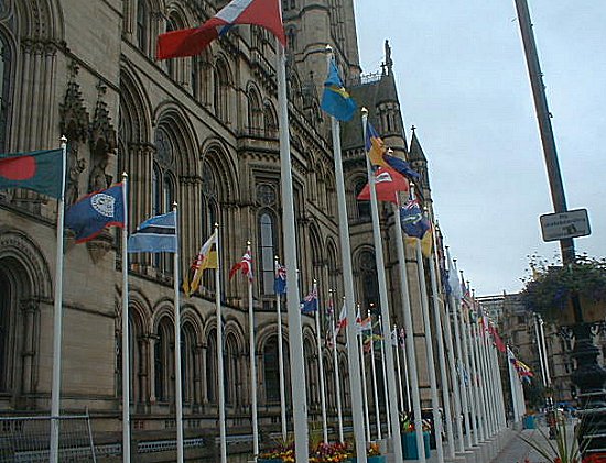 Manchester: Commonwealth Flags outside the Town Hall, July 2002